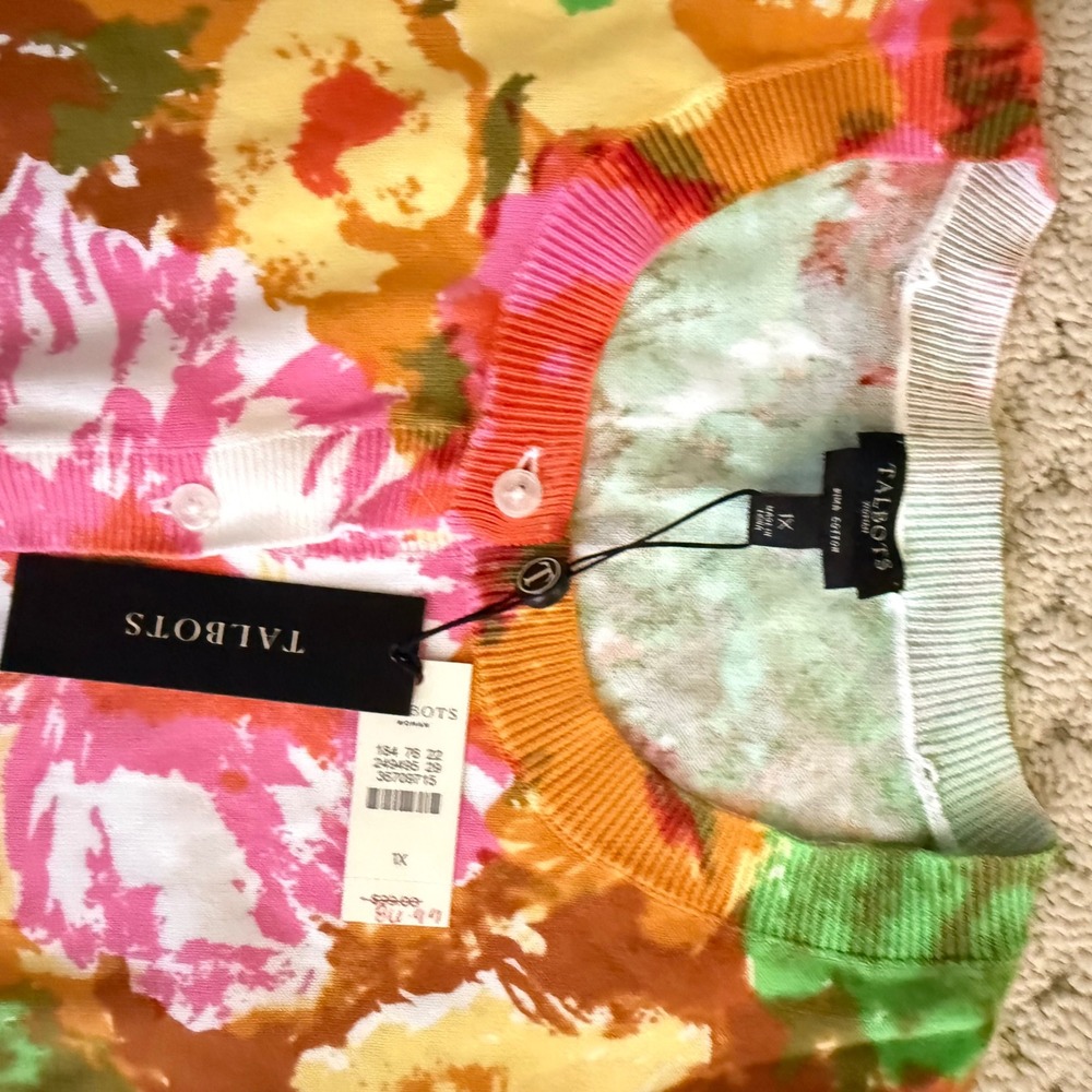 Talbots Womens Cardigan 1X Floral Print Button Front 3/4 Sleeve Pima Cotton - Picture 2 of 4